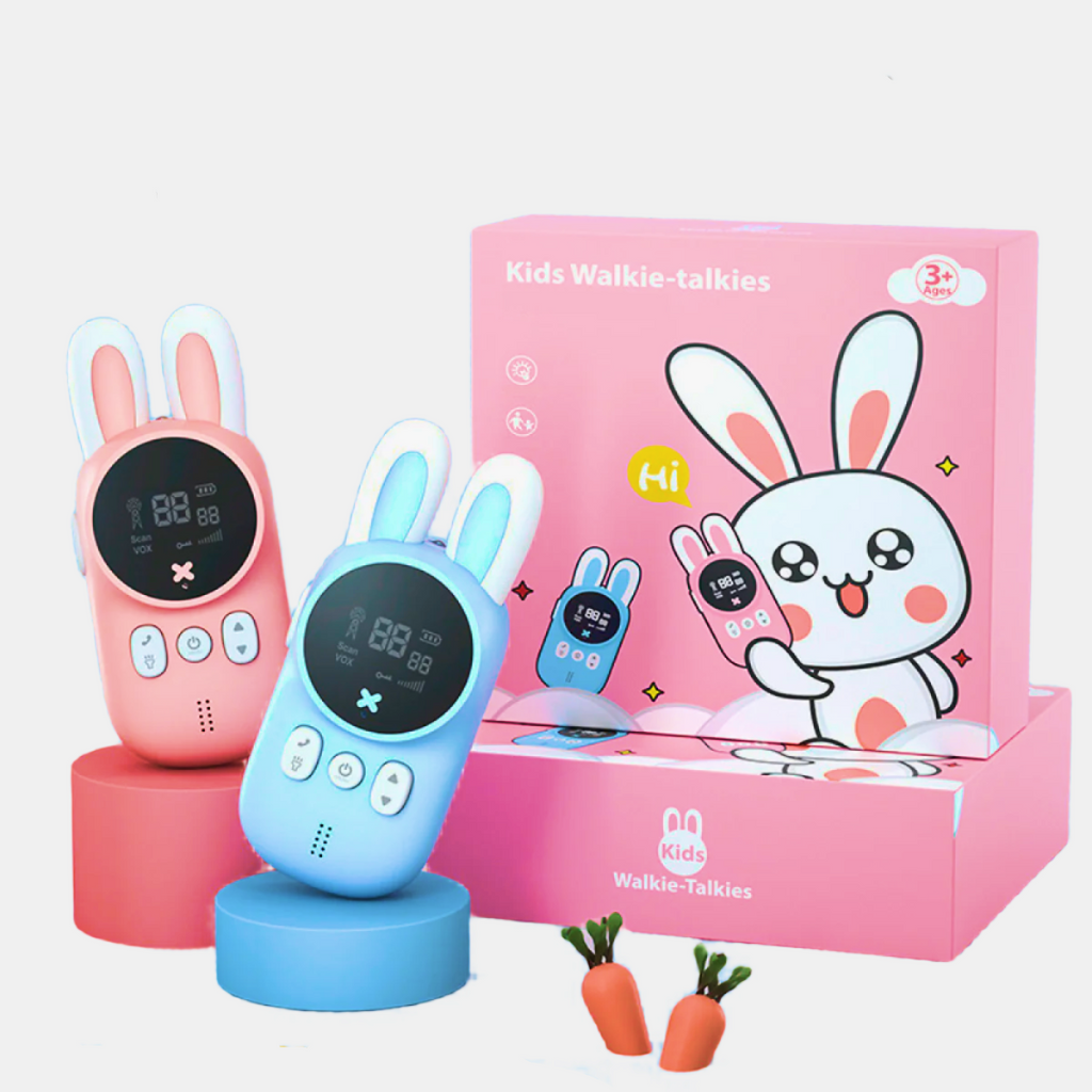 Pair of rabbit-themed children's walkie-talkies with flashlights and soft-touch design, perfect for ages 3-6