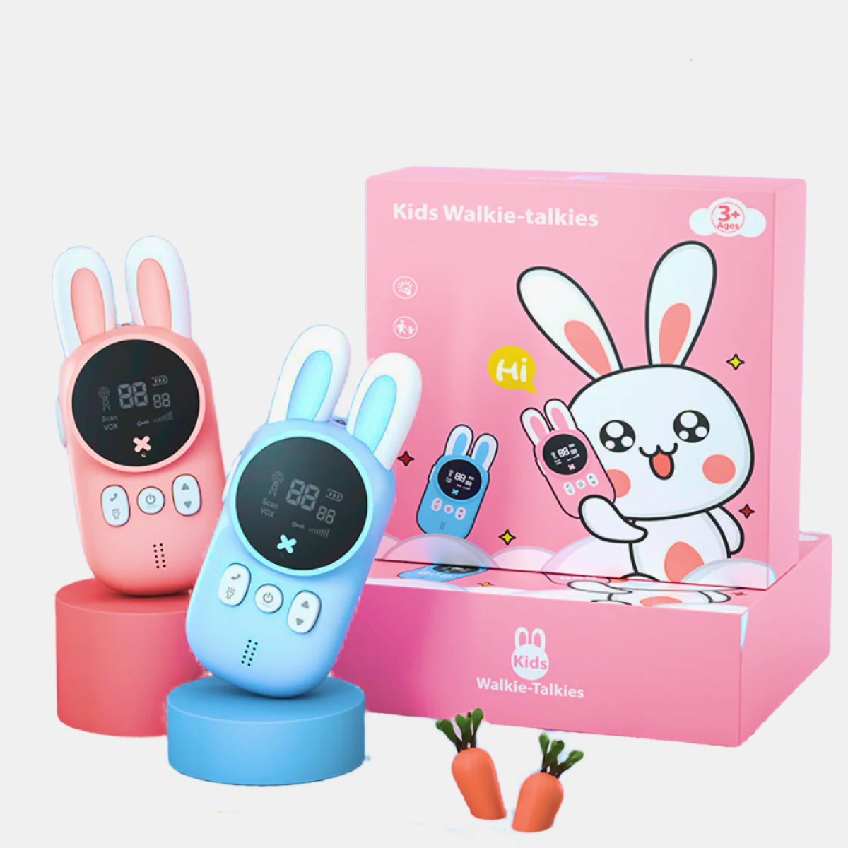 Pair of rabbit-themed children's walkie-talkies with flashlights and soft-touch design, perfect for ages 3-6