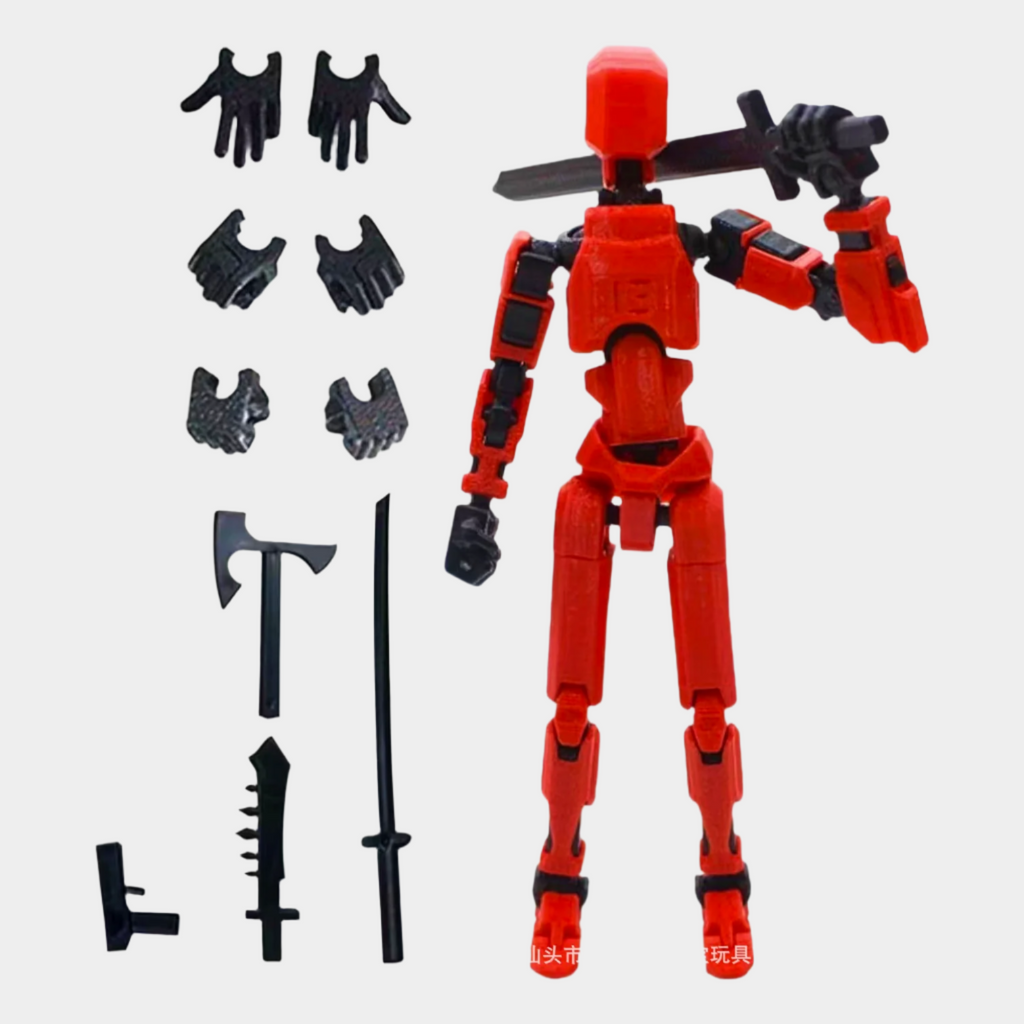 Articulated red robot action figure with multiple joints, made of durable plastic, measuring approximately 4 x 17 x 2 cm