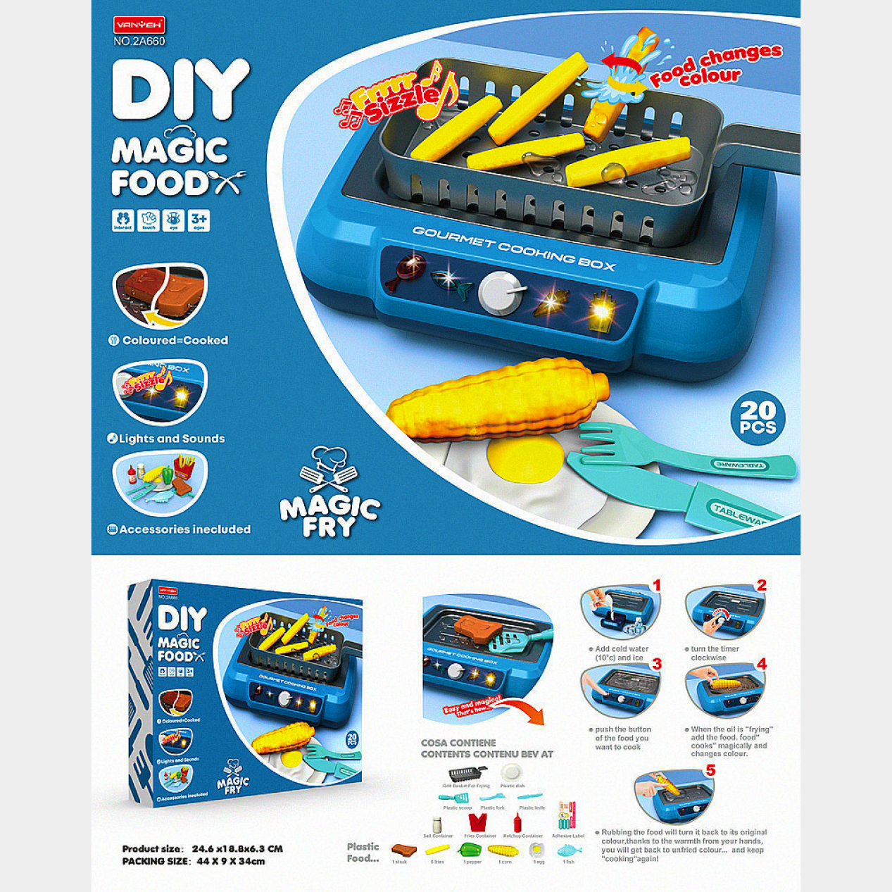 DIY Magic Food Fryer Toy for kids with realistic lights, sound effects, and color-changing food, perfect for children aged 5 and up.