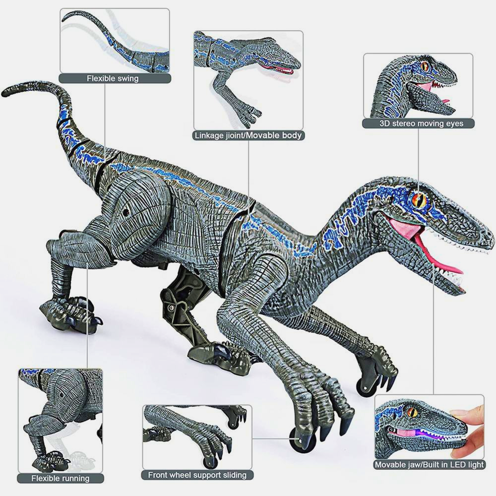 Large remote control Velociraptor dinosaur toy with realistic walking, roaring sound effects, and LED lights, made of durable ABS plastic