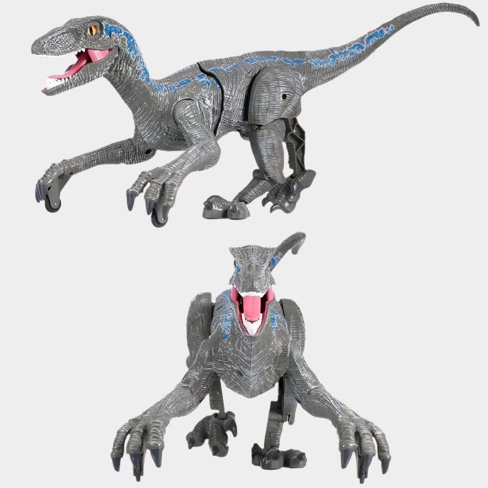 Large remote control Velociraptor dinosaur toy with realistic walking, roaring sound effects, and LED lights, made of durable ABS plastic.