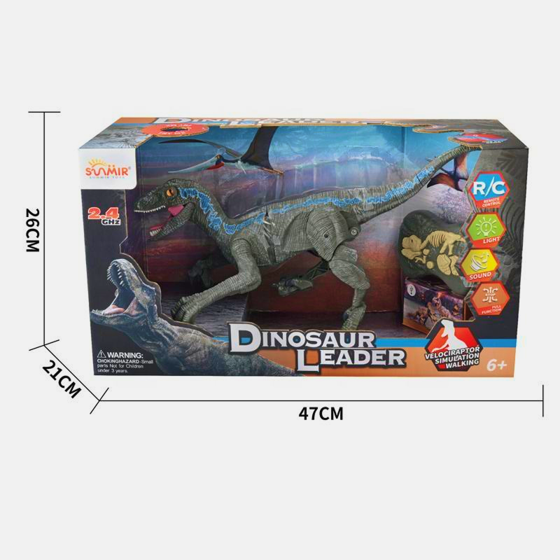 Large remote control Velociraptor dinosaur toy with realistic walking, roaring sound effects, and LED lights, made of durable ABS plastic