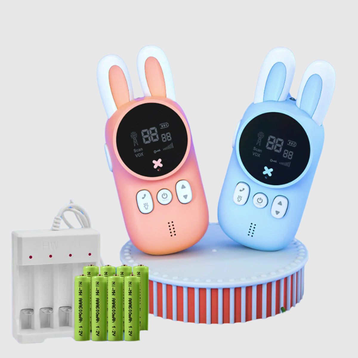 Pair of rabbit-themed children's walkie-talkies with flashlights and soft-touch design, perfect for ages 3-6