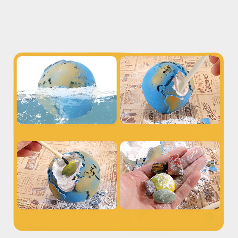 Children's excavation toy set with a planet model, excavation tools, brush, gemstones/fossils, and an educational poster designed for STEM learning