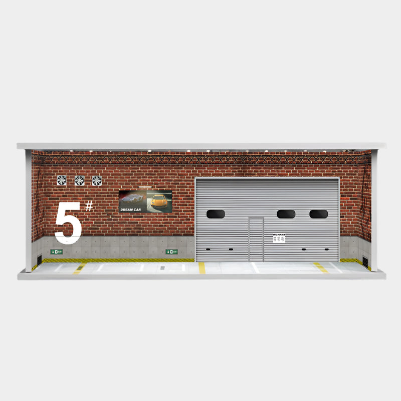 1:64 scale miniature parking garage display with realistic lighting and urban decor, measuring 30×13×11 cm