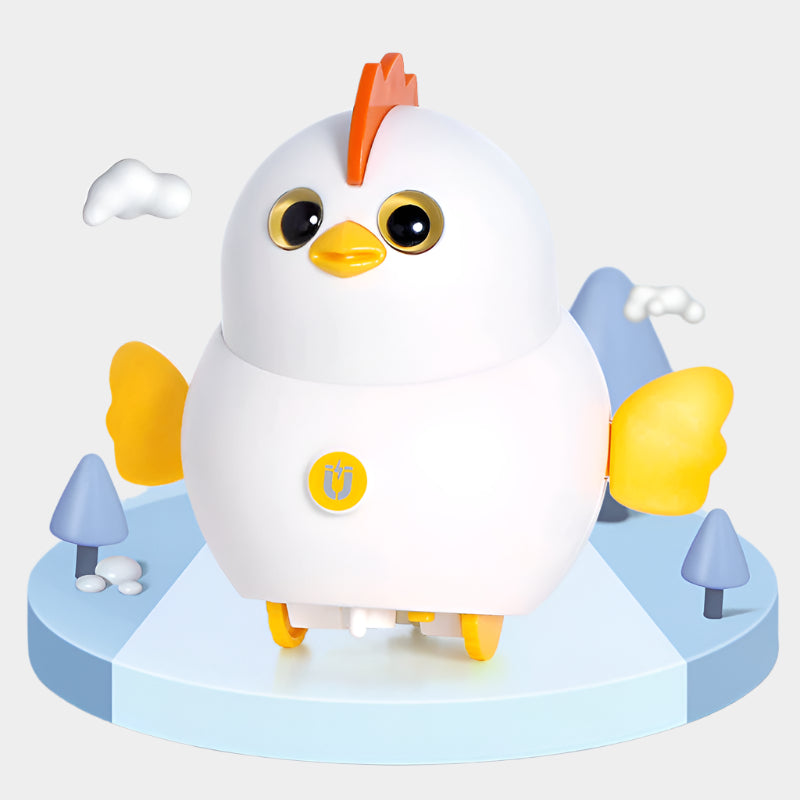 Electric Magnetic Swing Chicken Squad Toy featuring playful magnetic chickens that swing, walk, and open their wings, made from safe, durable plastic, packaged in a colorful gift box