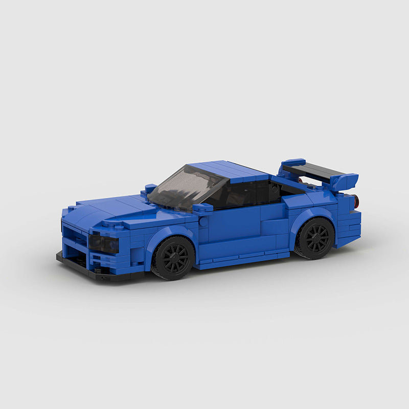 Nissan Skyline R34 building blocks set with 294 precision-fit bricks, creating a detailed model approximately 16 x 7 x 4.8 cm in size