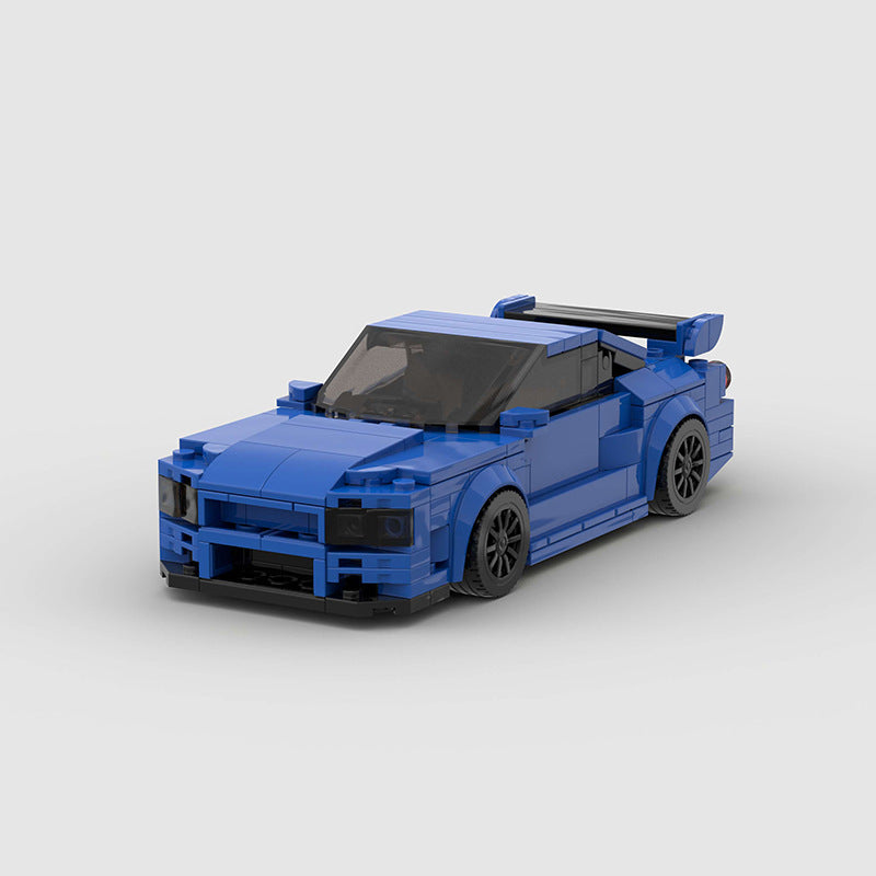 Nissan Skyline R34 building blocks set with 294 precision-fit bricks, creating a detailed model approximately 16 x 7 x 4.8 cm in size