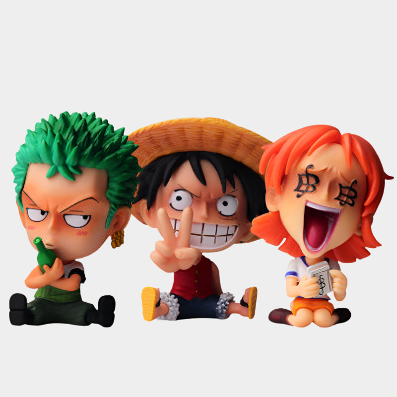One Piece Q-Version figures set featuring adorable big head sitting dolls made from high-quality PVC, approx. 7.8–9.8 cm tall, in a blind box