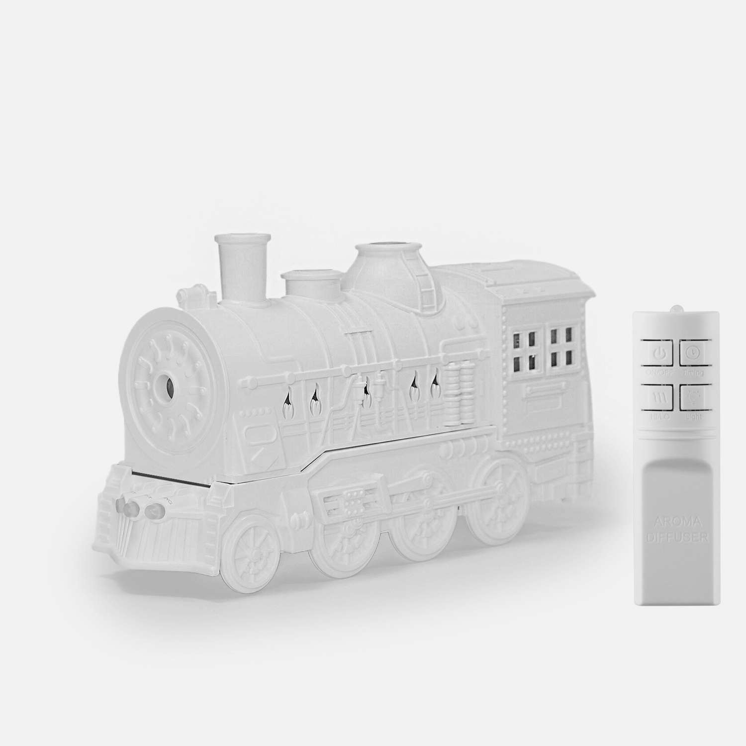 Retro-style small train aromatherapy humidifier in train black with remote control, featuring a large fog spray, dual mist outlets, and a square desktop design
