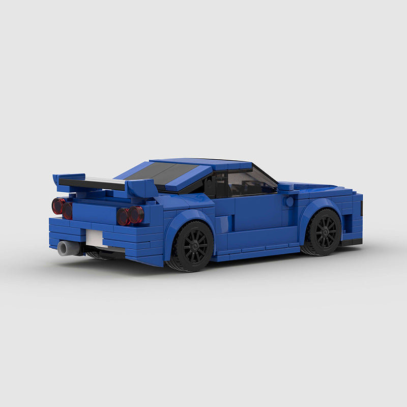 Nissan Skyline R34 building blocks set with 294 precision-fit bricks, creating a detailed model approximately 16 x 7 x 4.8 cm in size
