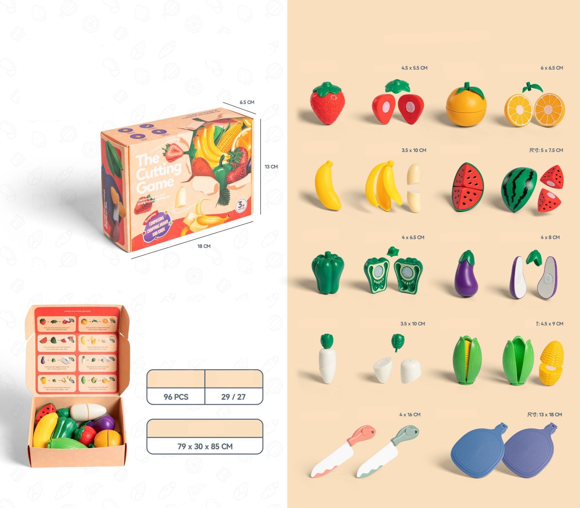 Colorful 10-piece fruit and vegetable cutting play set for kids aged 3-6, featuring realistic fruits, vegetables, and a plastic knife, packaged in an attractive color box