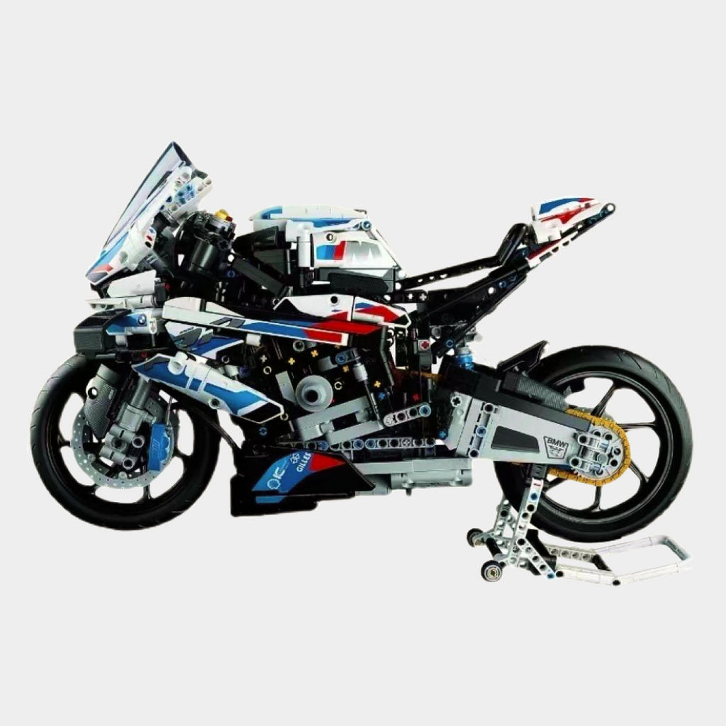 BMW M1000RR motorcycle building blocks set featuring 1,920 self-locking ABS pieces, forming a detailed 1:5 scale model with realistic mechanics