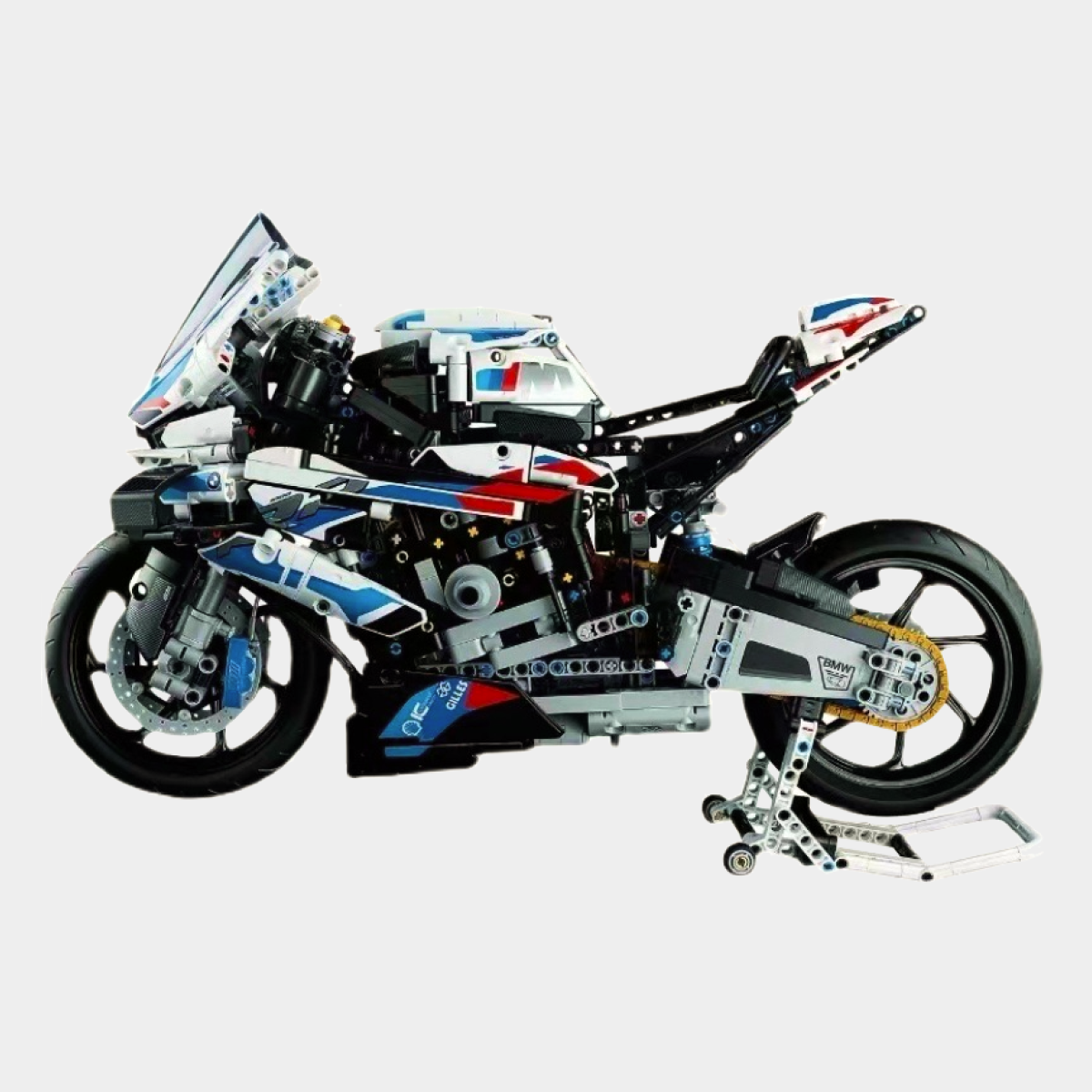 BMW M1000RR motorcycle building blocks set featuring 1,920 self-locking ABS pieces, forming a detailed 1:5 scale model with realistic mechanics