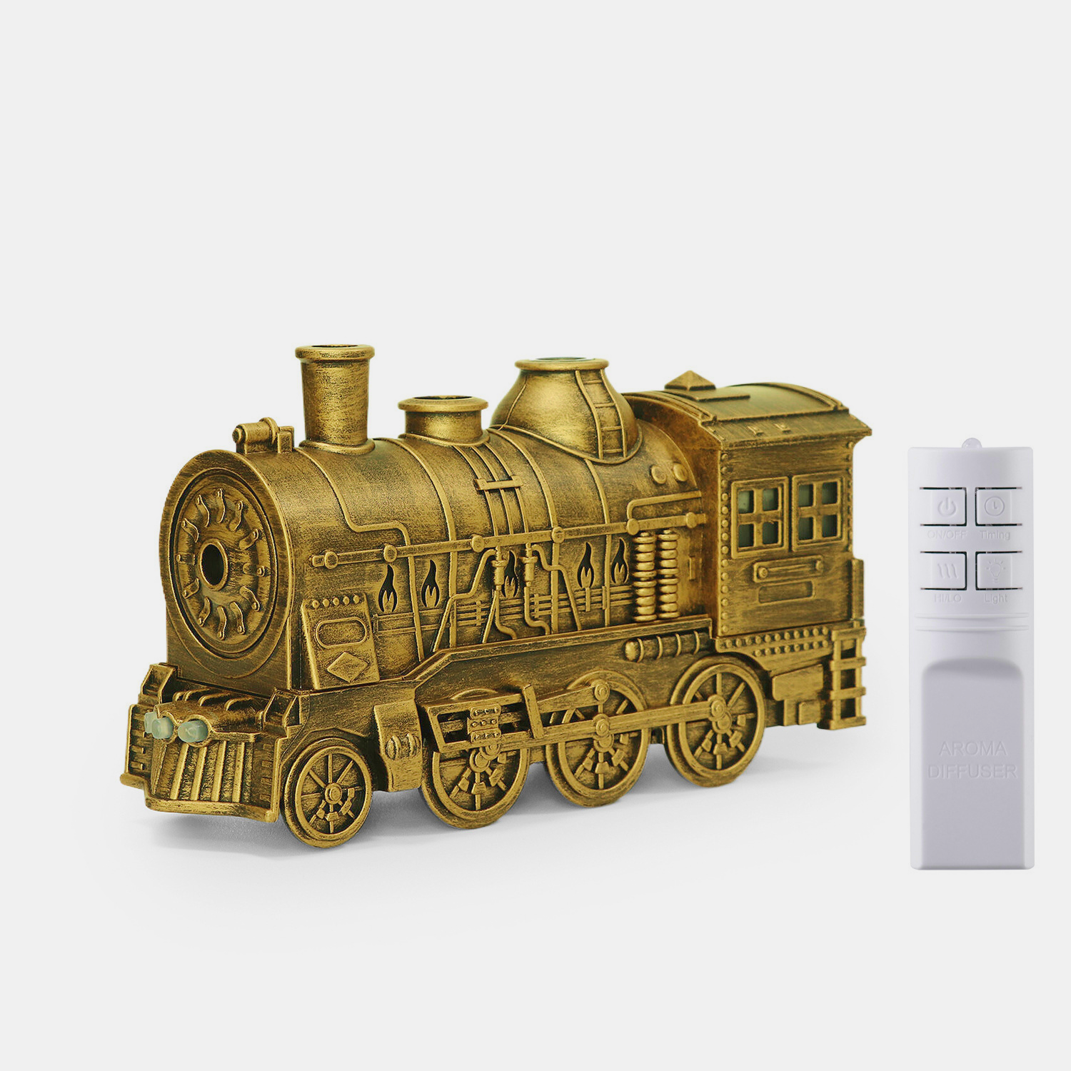 Retro-style small train aromatherapy humidifier in train black with remote control, featuring a large fog spray, dual mist outlets, and a square desktop design