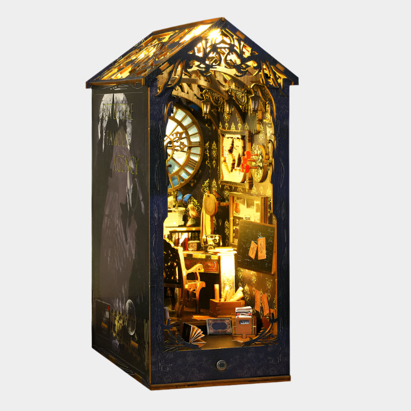 DIY miniature detective agency kit with intricate interior design, wooden construction, LED light components, measuring approximately 26 cm in height.