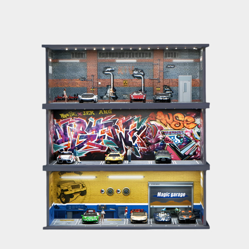 1:64 scale miniature parking garage display with realistic lighting and urban decor, measuring 30×13×11 cm