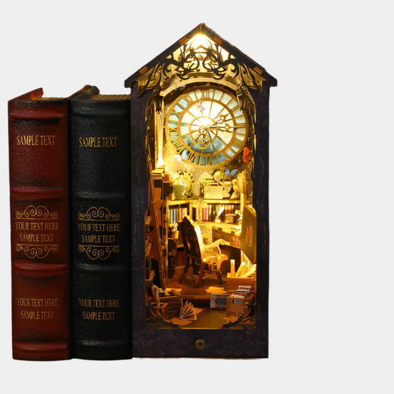 DIY miniature detective agency kit with intricate interior design, wooden construction, LED light components, measuring approximately 26 cm in height.