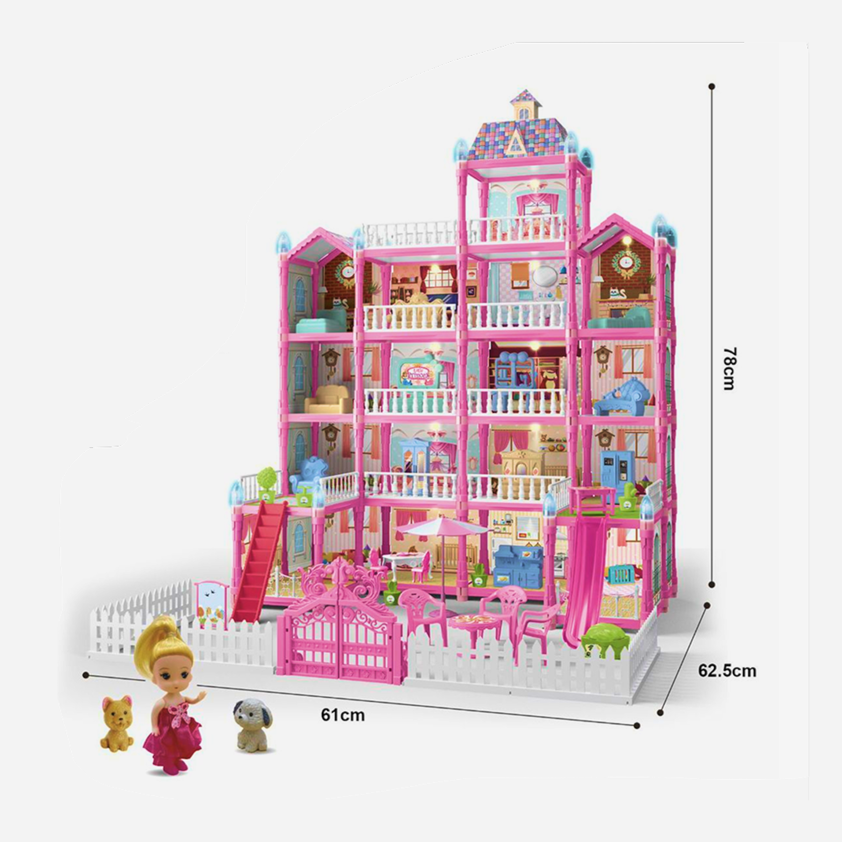 Girls Play House DIY set featuring 7 floors, 29 rooms, a light string, a motorcycle, and a Ferris wheel, packaged in a vibrant color box