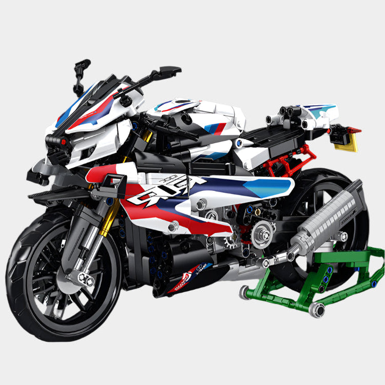 BMW M1000RR motorcycle building blocks set featuring 1,920 self-locking ABS pieces, forming a detailed 1:5 scale model with realistic mechanics