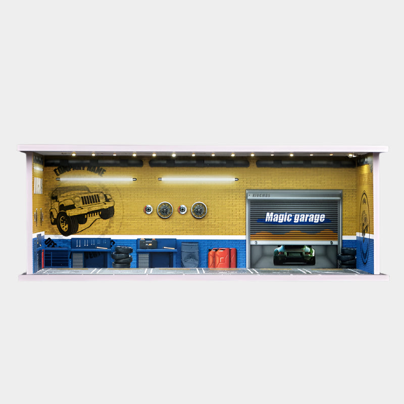 1:64 scale miniature parking garage display with realistic lighting and urban decor, measuring 30×13×11 cm