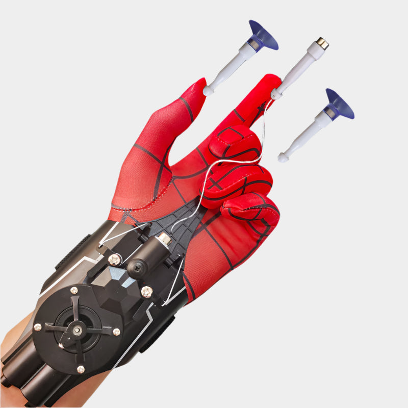 Spider-Man inspired electric launch gloves with suction-cup projectiles for safe play, adjustable for all sizes.