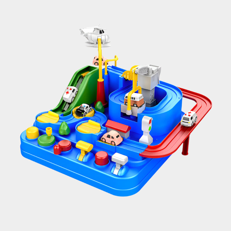 Mechanical track adventure game set with vehicles and parking