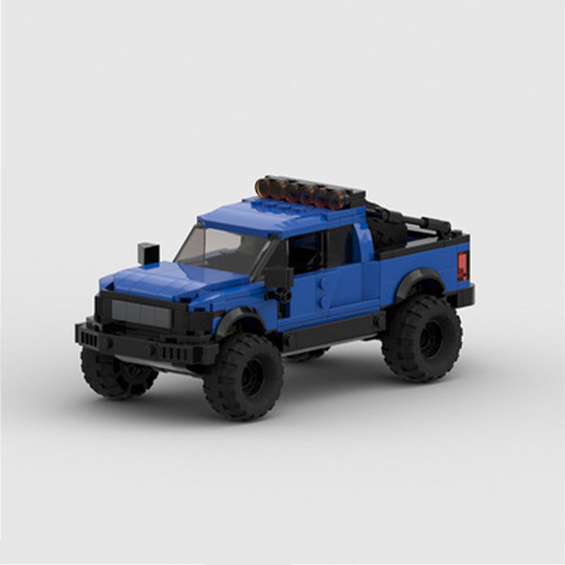 Ford Raptor F-150 Pickup Truck building blocks set with self-locking ABS plastic bricks, finished model measuring 8.5 x 19 x 8 cm.