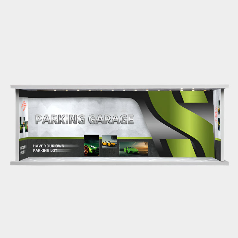 1:64 scale miniature parking garage display with realistic lighting and urban decor, measuring 30×13×11 cm