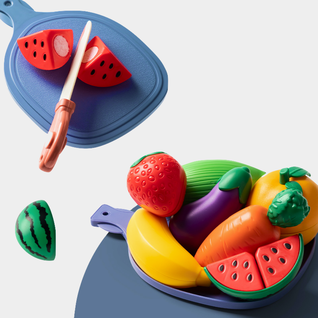 Colorful 10-piece fruit and vegetable cutting play set for kids aged 3-6, featuring realistic fruits, vegetables, and a plastic knife, packaged in an attractive color box