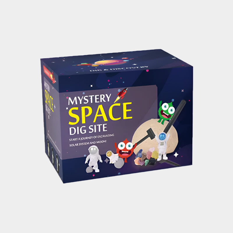 Children's excavation toy set with a planet model, excavation tools, brush, gemstones/fossils, and an educational poster designed for STEM learning
