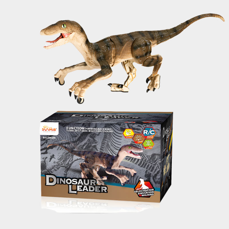 Large remote control Velociraptor dinosaur toy with realistic walking, roaring sound effects, and LED lights, made of durable ABS plastic