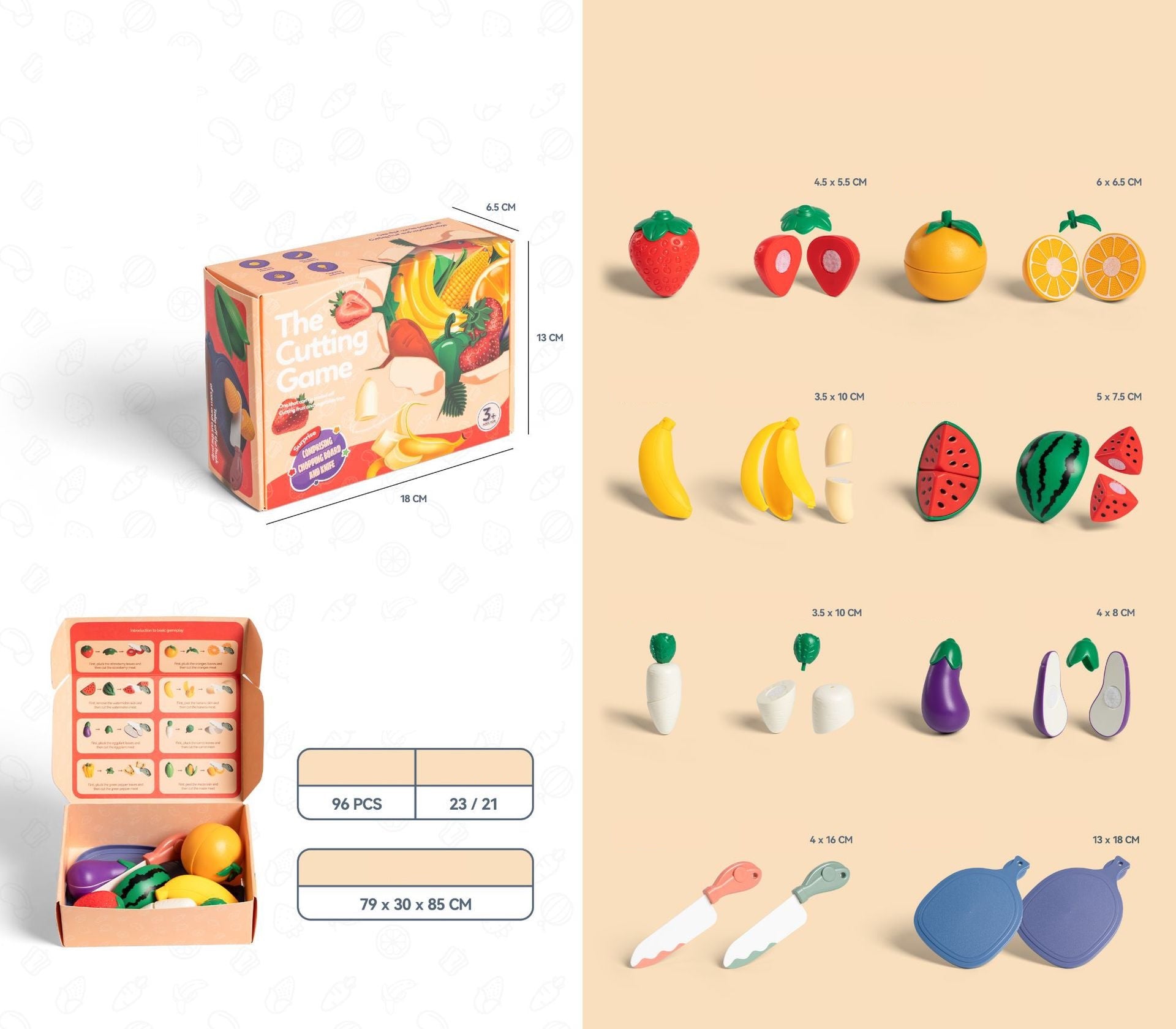 Colorful 10-piece fruit and vegetable cutting play set for kids aged 3-6, featuring realistic fruits, vegetables, and a plastic knife, packaged in an attractive color box