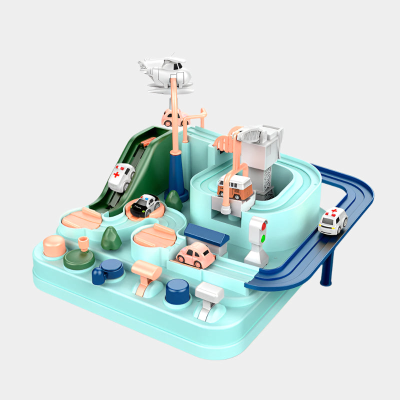 Mechanical track adventure game set with vehicles and parking