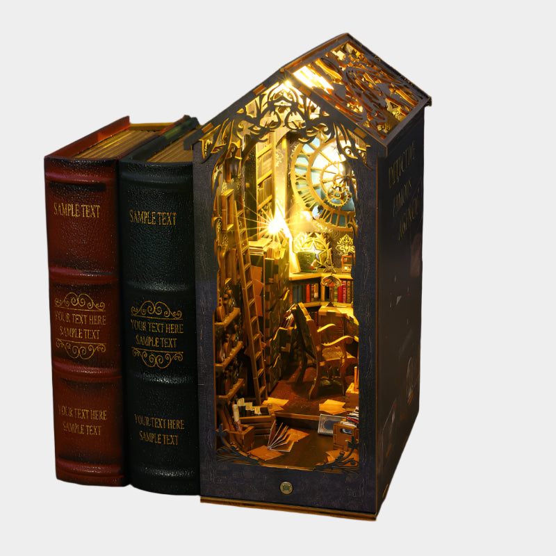 DIY miniature detective agency kit with intricate interior design, wooden construction, LED light components, measuring approximately 26 cm in height.