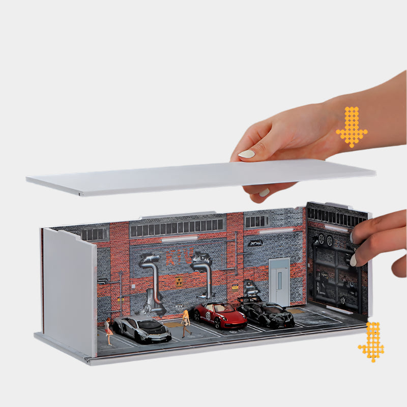 1:64 scale miniature parking garage display with realistic lighting and urban decor, measuring 30×13×11 cm