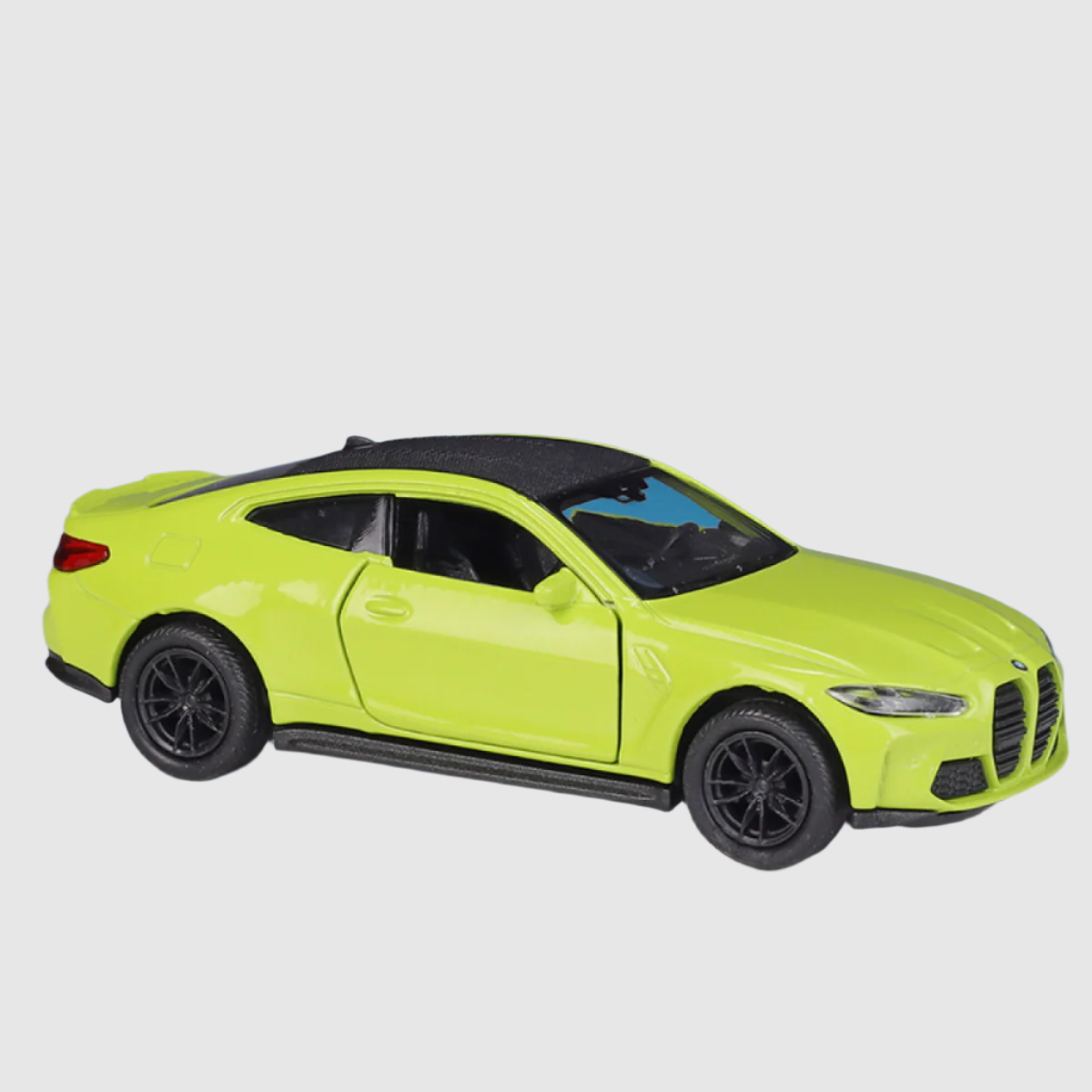 BMW M4 diecast car model in 1:24 scale, featuring metal alloy body, rubber tires, ABS plastic parts, and pull-back function