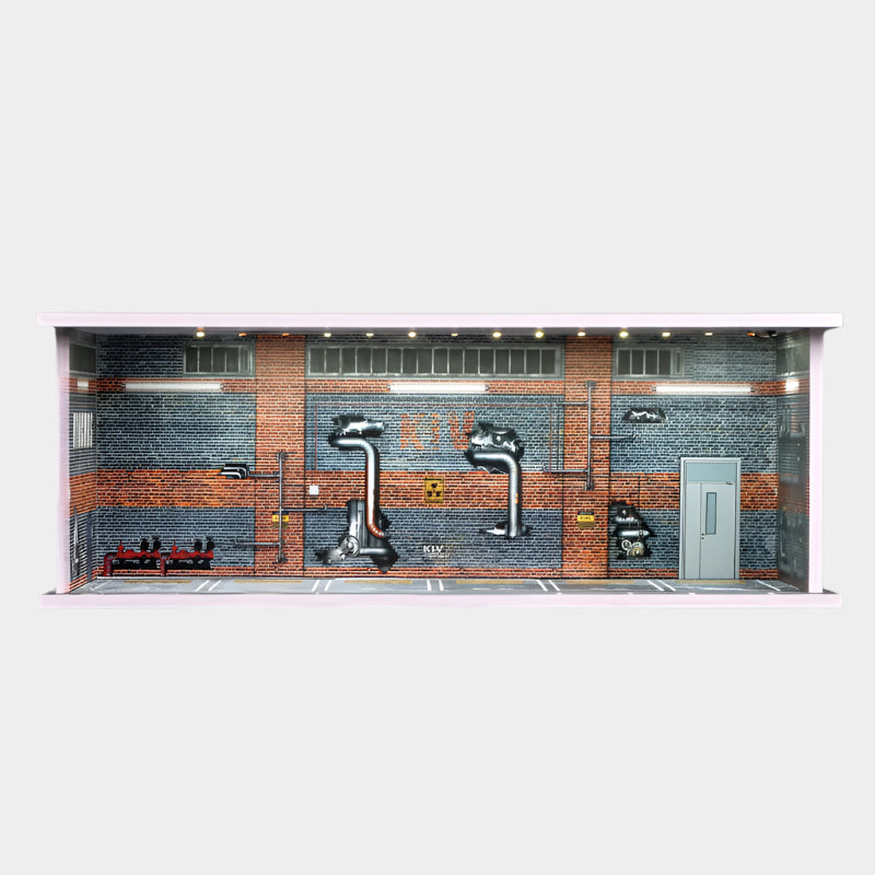 1:64 scale miniature parking garage display with realistic lighting and urban decor, measuring 30×13×11 cm