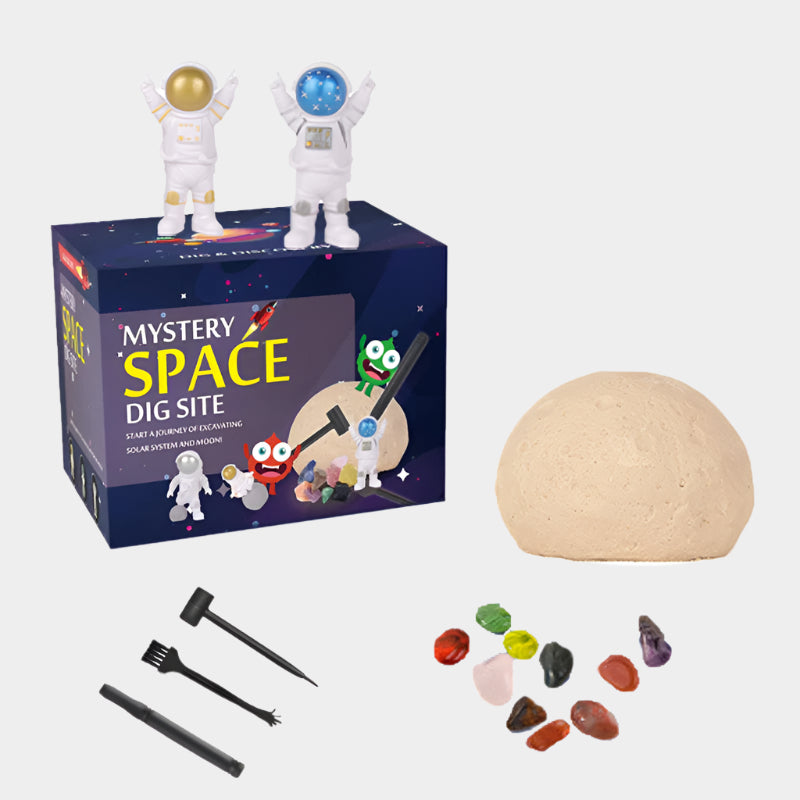 Children's excavation toy set with a planet model, excavation tools, brush, gemstones/fossils, and an educational poster designed for STEM learning