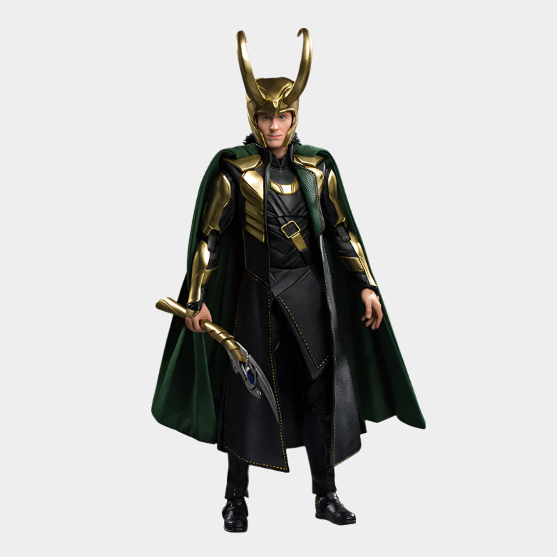 Loki Action Figure from Marvel’s Avengers series, 24 cm tall, featuring his green cape, golden horned helmet, and iconic scepter