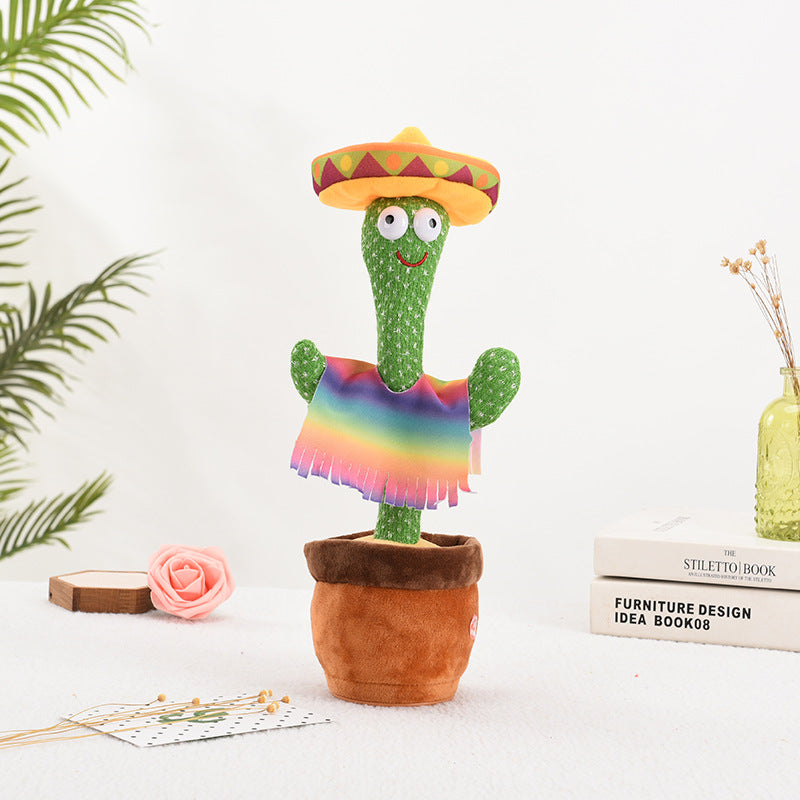 Interactive dancing cactus plush with a colorful poncho and sombrero, singing and dancing, approximately 32 cm tall