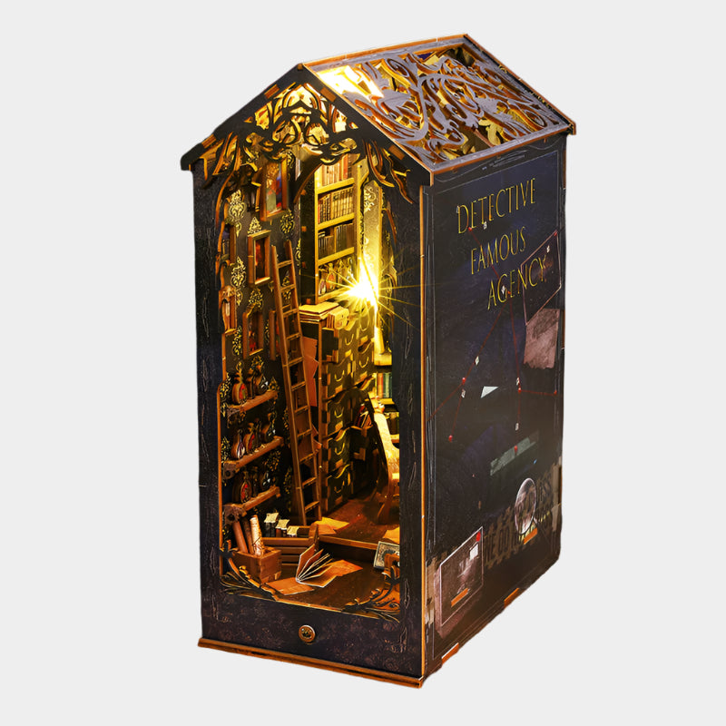 DIY miniature detective agency kit with intricate interior design, wooden construction, LED light components, measuring approximately 26 cm in height.