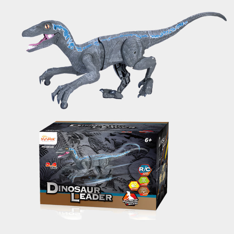 Large remote control Velociraptor dinosaur toy with realistic walking, roaring sound effects, and LED lights, made of durable ABS plastic.