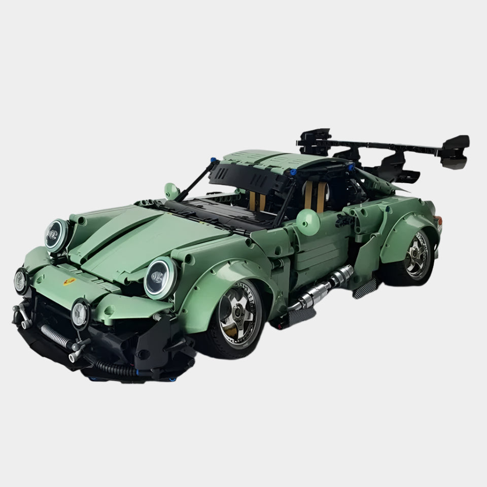 Porsche 964 RWB building blocks set with over 800 pieces, made from durable ABS plastic, creating a detailed model approximately 47.4 x 10.5 x 37.2 cm in size