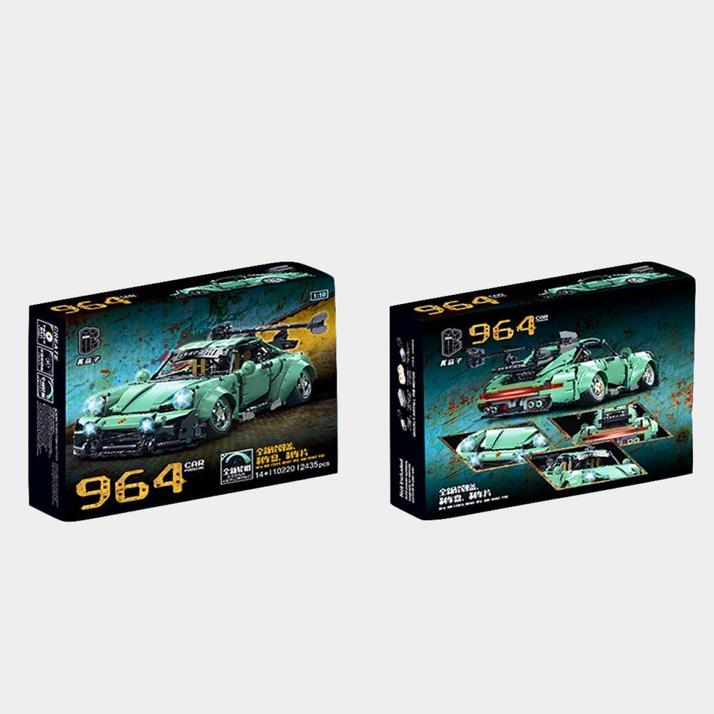 Porsche 964 RWB building blocks set with over 800 pieces, made from durable ABS plastic, creating a detailed model approximately 47.4 x 10.5 x 37.2 cm in size