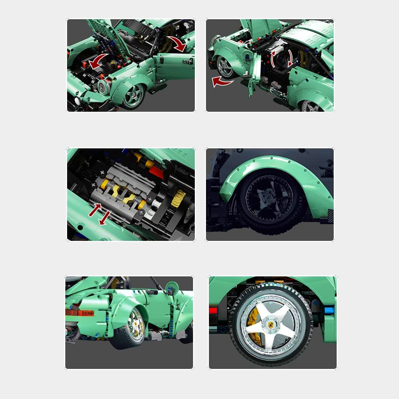 Porsche 964 RWB building blocks set with over 800 pieces, made from durable ABS plastic, creating a detailed model approximately 47.4 x 10.5 x 37.2 cm in size