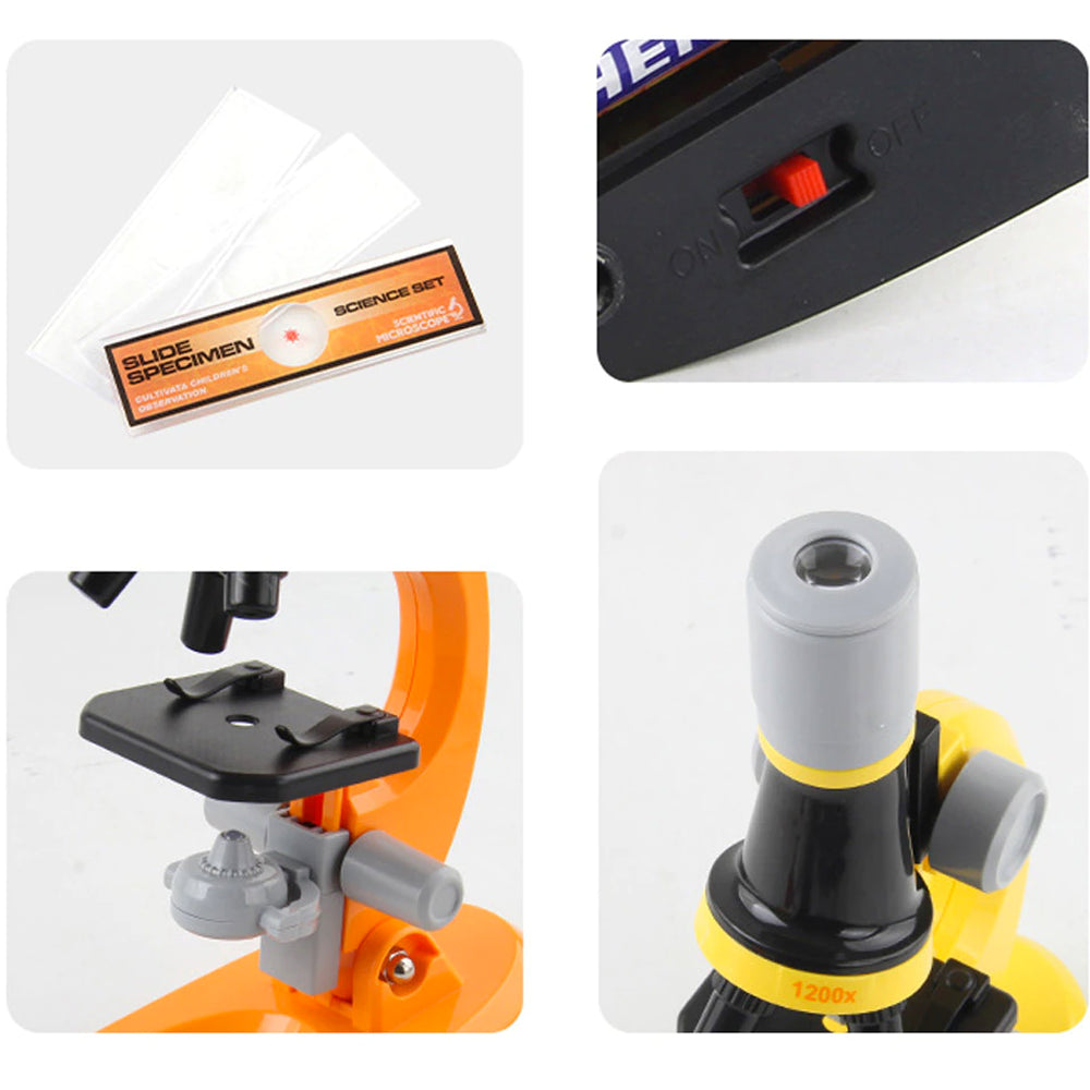 Children's microscope with adjustable magnification (100x, 400x, 1200x), dual illumination, and complete tool kit, ideal for home science experiments