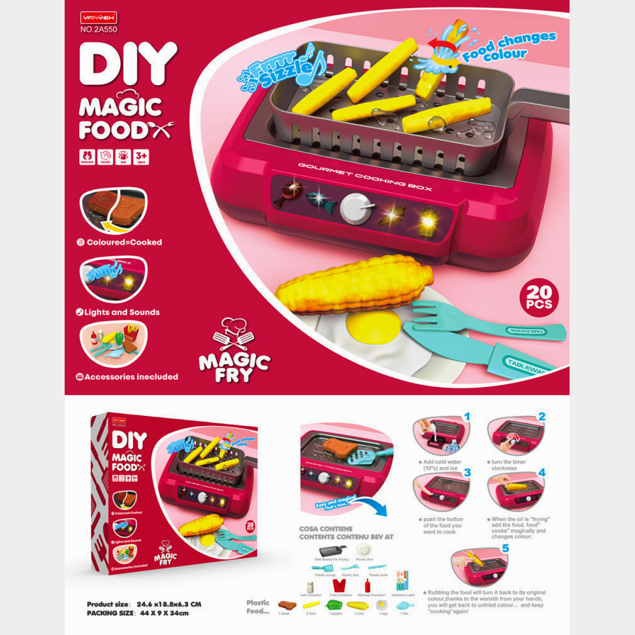 DIY Magic Food Fryer Toy for kids with realistic lights, sound effects, and color-changing food, perfect for children aged 5 and up.