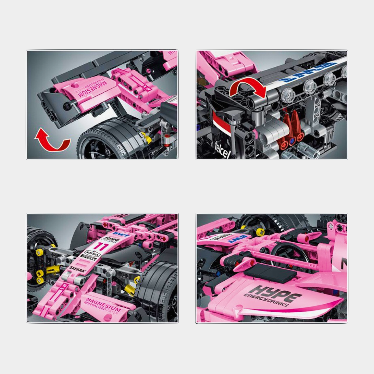 F1 Racing Car Building Kits featuring 1:14 scale models of Williams FW41, Ferrari SF90, Renault R.S., Jaguar R5, and Force India with 1100 high-precision pieces